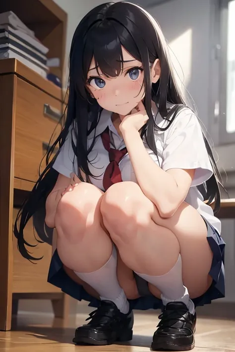 A 16-year-old female high school student with long black hair and wearing a school uniform squats down with tears in her eyes, opening her legs and showing her white panties.