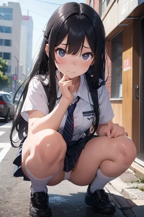 A 16-year-old female high school student with long black hair and wearing a school uniform squats down with tears in her eyes, opening her legs and showing her white panties.