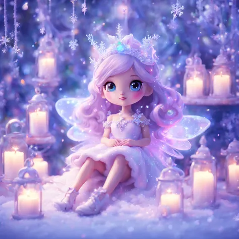 The fairy princess is sitting in a cozy room ,zoomout,colorful holographic glitter light snow falling,At night,Many snowflakes are shining ,pastel colors and white dress,decorated with many candles,romantic atmoshere, complex brush strokes, Beautiful light...