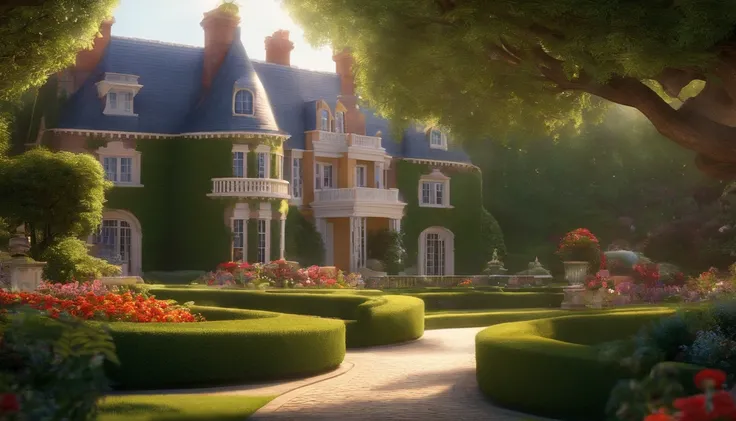 Pixar, a big house buildings in a very beautiful garden, dressed in white overall, a very beautiful background,