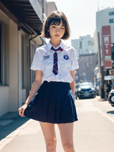 (( 19 year old girl wears high school uniform and high school uniform. :1.3)),(Dynamic Pose),(Skirt floating in the wind), (((Below the waist shot,haunting smile,moist lips,Short hair))),((No bag))
((irises and pupils are rounded,the pupil reflects the sur...