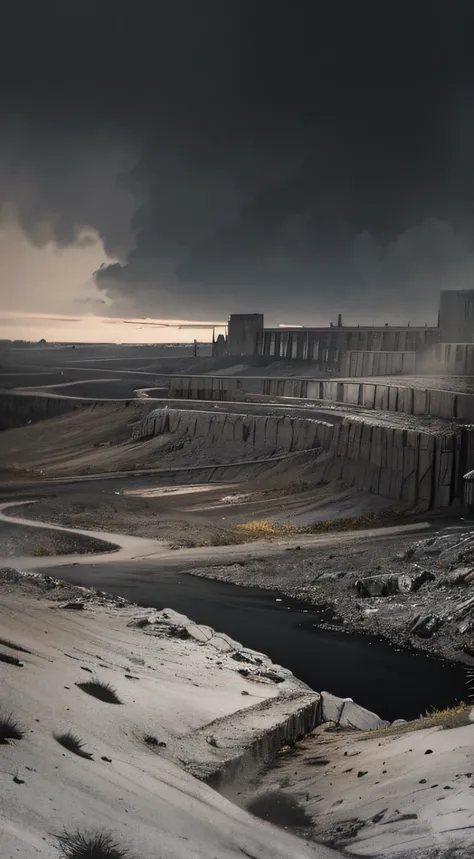 Masterpiece, Dark art, Black Sky, The sky, covered with ash, giant abandoned quarry, tundra