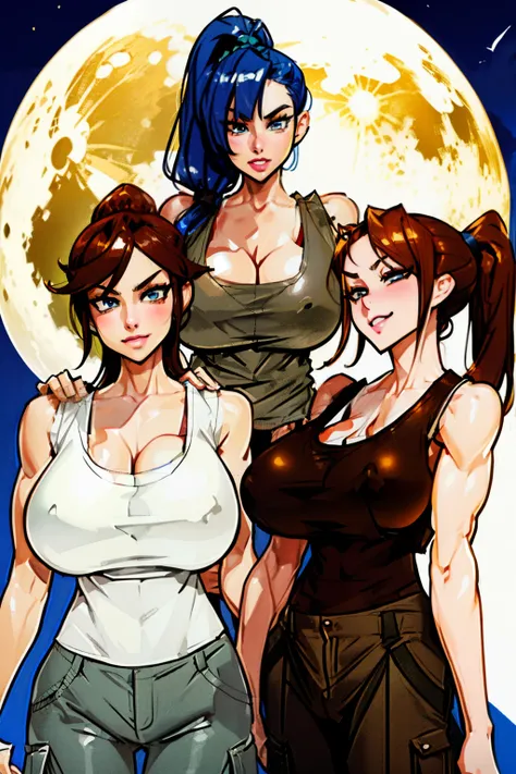 ((waifu goddess)), multiple Waifu, mothers gathered , smiling, milfs, masterpiece, curvy, breasts, moon, full moon, gloves, multiple girl, clenched teeth, cleavage, large breasts, teeth, maroon hair, brown hair, grey hair, ((white tank top:1.6)), blue eyes...