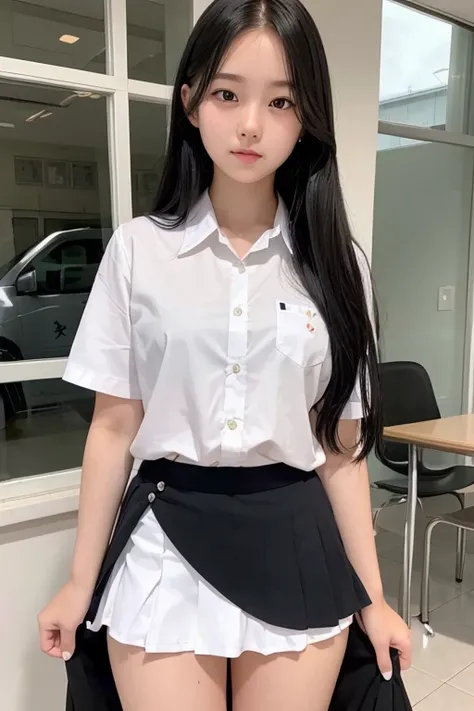 A 16-year-old high school girl with long black hair wearing a school uniform who lifts up her skirt to reveal white panties.