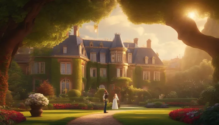 Pixar, a big house buildings in a very beautiful garden, people dressed in white overall in the background, a very beautiful background,