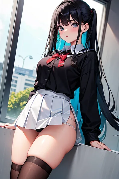 A 16-year-old high school girl with long black hair wearing a school uniform who lifts up her skirt to reveal white panties.