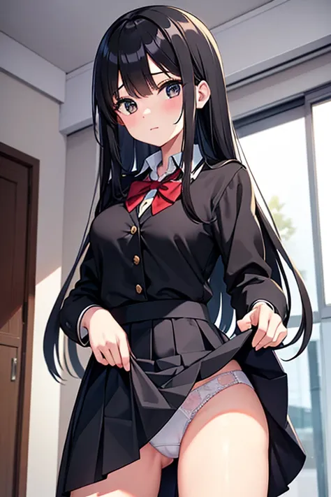 A 16-year-old high school girl with long black hair wearing a school uniform who lifts up her skirt to reveal white panties.