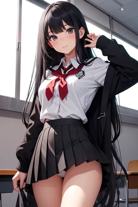 A 16-year-old high school girl with long black hair wearing a school uniform who lifts up her skirt to reveal white panties.