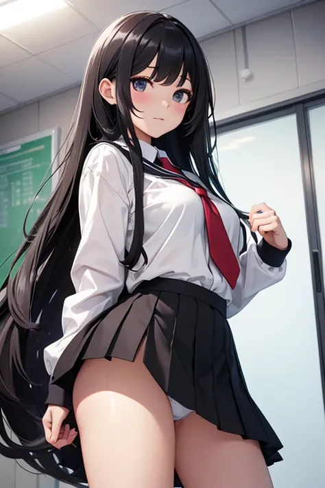 A 16-year-old high school girl with long black hair wearing a school uniform who lifts up her skirt to reveal white panties.