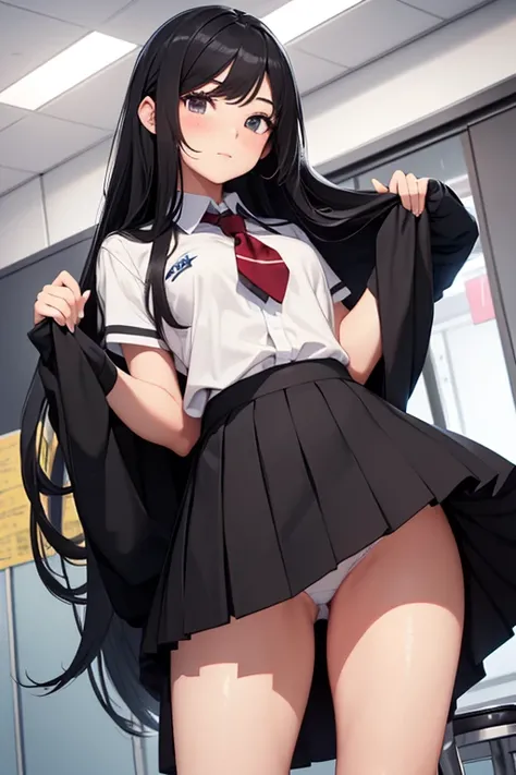 A 16-year-old high school girl with long black hair wearing a school uniform who lifts up her skirt to reveal white panties.