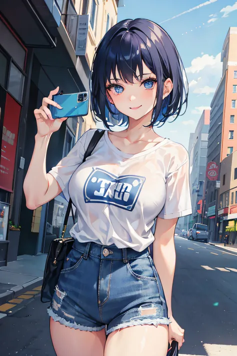 1girl, short dark blue hair, blue eyes, ((smiling)), with fangs, large breast, wearing plain white shirt, denim shorts, taking selfie, city, absurdres, high res, ultrasharp, 8K, masterpiece, looking at viewer