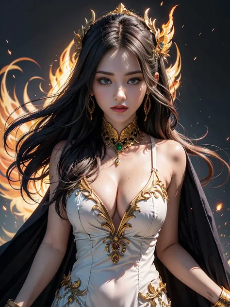 Unbeatable masterpiece, Ultra photo realism, Perfect artwork, Intricate details, Best quality, Strong warm light, 1girll , long flowing hair, medium breast, very sexy, low v cut, deep cleavage, beautiful face, high detailed face, beautiful eyes, fierce loo...