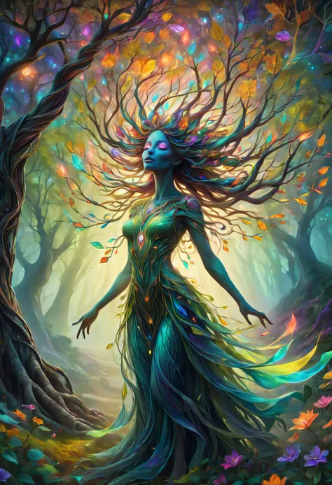 A high resolution, Psychedelic style tree woman, vivd colour, glowing light eyes, flowing branches, Ethereal atmosphere, surreal scenery, Complicated details, Leaves and flowers dance in the wind, magical aura, wisps of light and color around the tree man,...