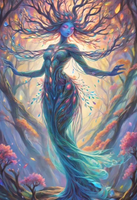 A high resolution, Psychedelic style tree woman, vivd colour, glowing light eyes, flowing branches, Ethereal atmosphere, surreal scenery, Complicated details, Leaves and flowers dance in the wind, magical aura, wisps of light and color around the tree man,...