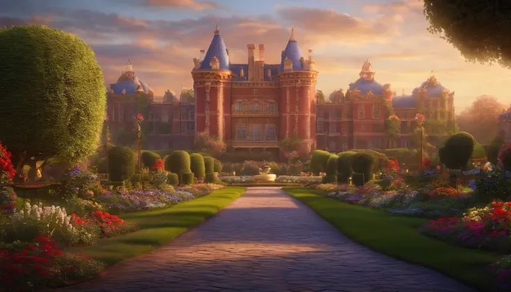 Pixar, a big huge massion buildings almost like Disney in a very beautiful garden, a man stand beside, a very beautiful background,