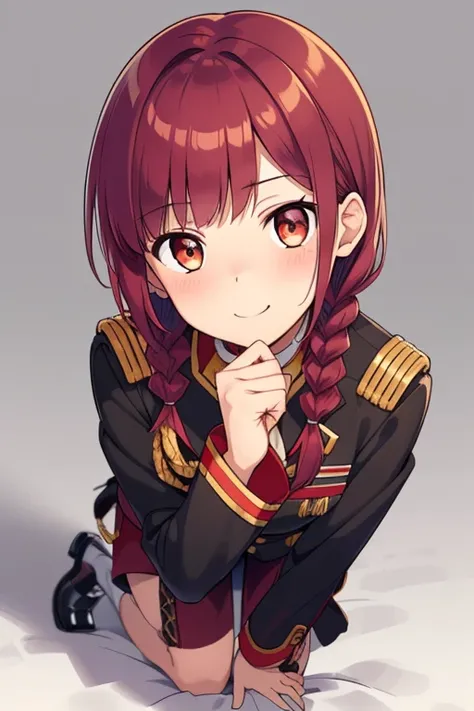 Multiple poses and expressions,crouching down, Tie your shoelaces, From  above, full body Esbian, Sexy legs,fluffy hair,Red hair,((Braided shorthair)),Slightly red tide,((Gold eyes)),(Black military uniform), Staring at me, Smile with a kind face, A face t...