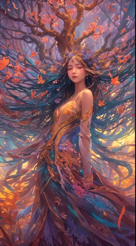 highres, psychedelic style female tree person, vibrant colors, glowing eyes, flowing branches, ethereal atmosphere, surreal landscape, intricate details, leaves and flowers dancing in the wind, magical aura, wisps of light and colors surrounding the tree p...