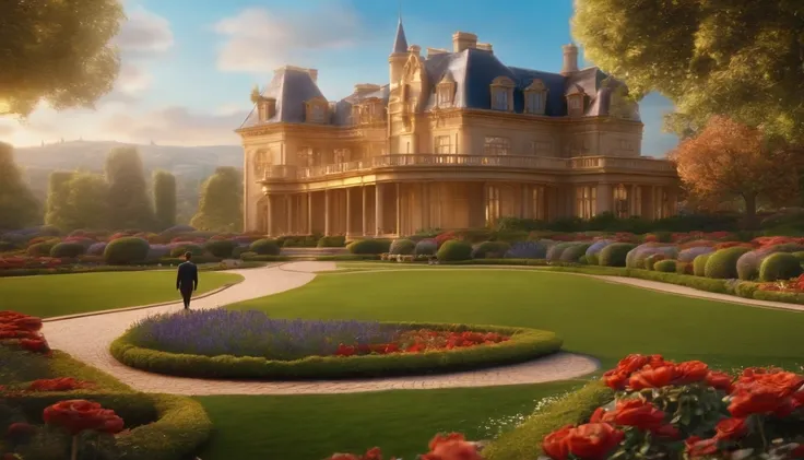 Pixar, a big huge mansion buildings almost like Disney made of gold in a very beautiful garden, a man stand beside, a very beautiful background,