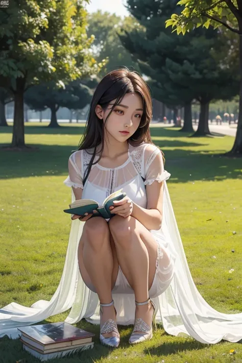 style symmetric , girl perfect, reading book in the park, front frontal view, face european causian, poster style epic, fullbody, wearing transparent summer cloth dress tight