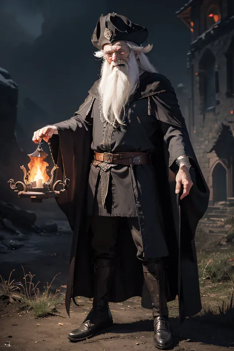 Masterpiece, ultrarealistic, a photo of Evil sorcerer, old man, wear wizard hat, evil pose, evil laugh, big red eyes, Skinny, very thin, white hair, posing, fullbody, villager, medieval theme, solo focus, dark castle background