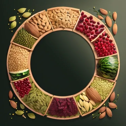 A frame in the shape of a circle surrounded by almonds, pistachios, cashews, pomegranates and watermelons