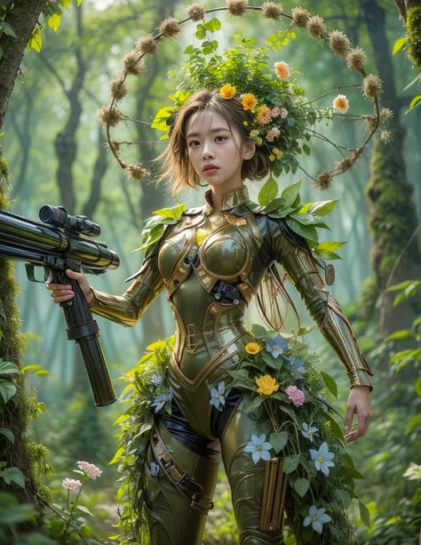 middle，(a girl made of fresh plants，Holding a futuristic sci-fi mechanical sniper gun aiming at the target，body covered with flowering plants，flower limbs，plant high heels，Plant hair，Plant clothes），blossoms，age-old tree，ln the forest，（globalillumination、Ra...