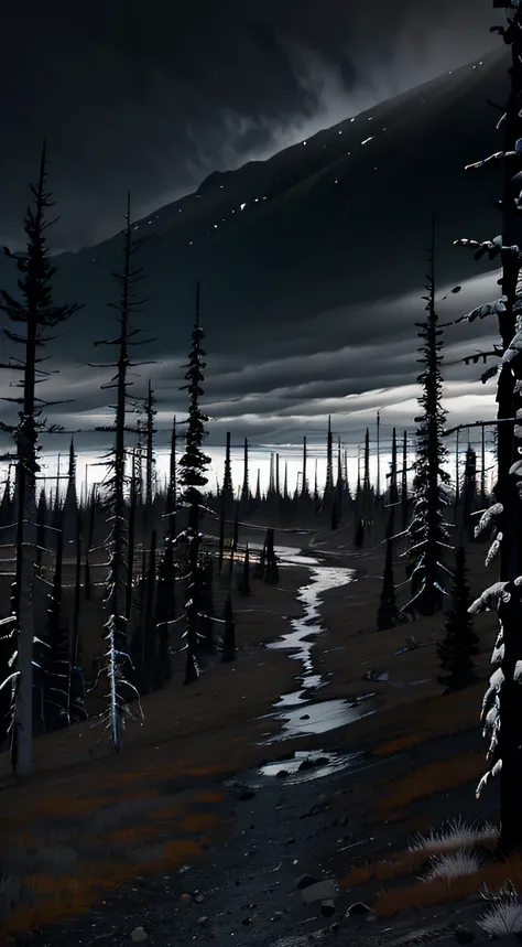 Masterpiece, Dark art, Black Sky, The sky, covered with ash, tundra forest, covered with ash