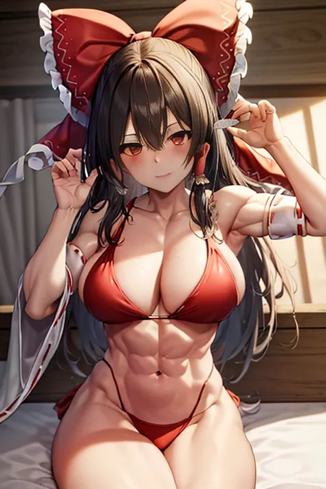 (reimu hakurei)、hair tubes、Hair Ribbon、Brown-eyed、Beautuful Women、(musculature、abdominals)、red blush、a bed