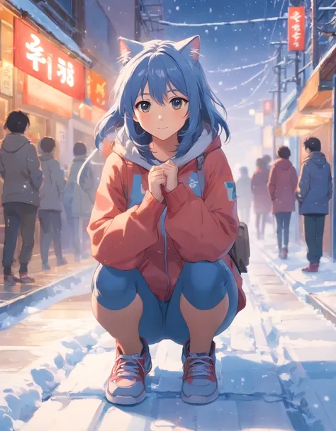 1 Cat，中景 the scene is，super-fine，Genki Girl，Full body like，adolable，sitting cross-legged on the street，ssmile，Long grey hair，Long pink sweater，denim pant，Athletic Sneakers，Heavy snowfall in winter，Hair is meticulously painted，The eyes are meticulously pain...