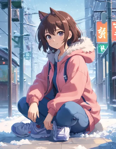 1 Cat，中景 the scene is，super-fine，Genki Girl，Full body like，adolable，sitting cross-legged on the street，ssmile，Long grey hair，Long pink sweater，denim pant，Athletic Sneakers，Heavy snowfall in winter，Hair is meticulously painted，The eyes are meticulously pain...