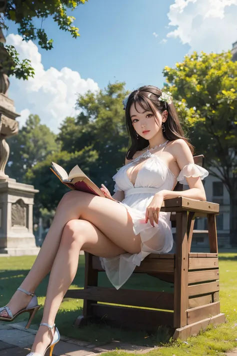 style symmetric, girl perfect, reading book in the park, sitting on the bench, front frontal view, face european causian, poster style epic, fullbody, wearing transparent summer cloth dress tight