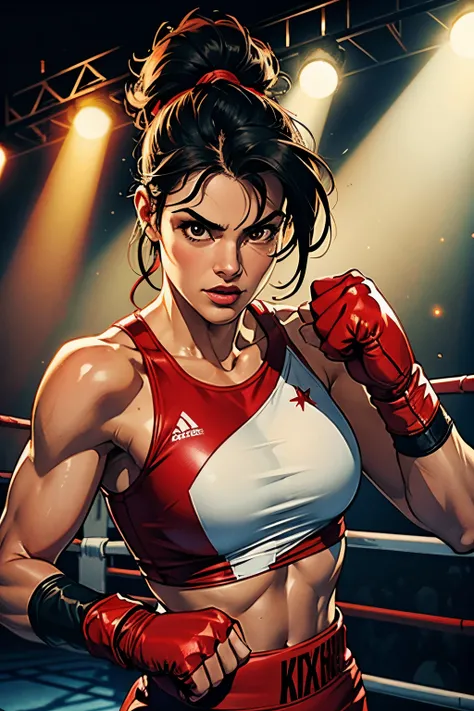 Boxer getting ready for fight, upper body, boxing ring background, spotlights, red gloves, black hair, brown eyes