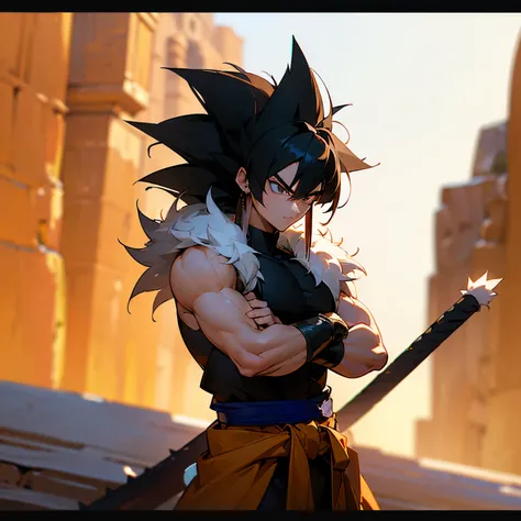 (best quality,ultra-detailed,:1.37),3D rendering, Fur Pelt Around Waist, Black Spiky Saiyan Hair , Shoulder Length Hair,Martial Arts Clothing , Spiky Bangs, Muscular Build, Saiyan Tail , 1male , Canyon Background , Black Eyes