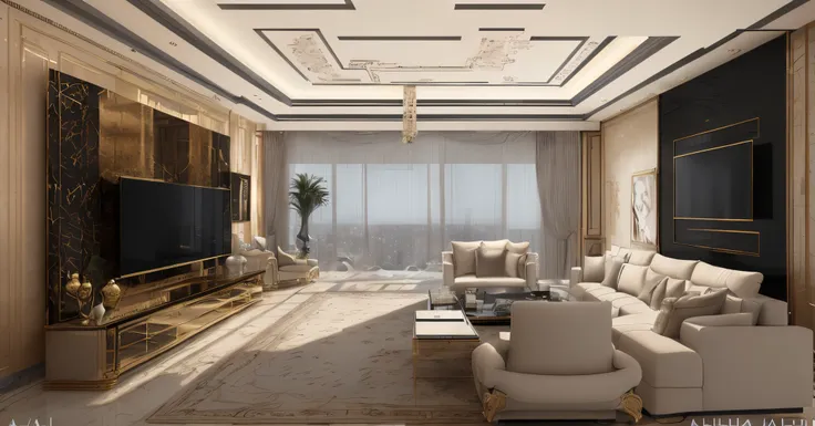 alafid living room with large screen tv and large sofa, luxury hd render, penthouse, extremely rich,, liveroom, elegant renderin...