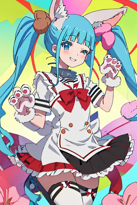 Best Quality, masutepiece, hight resolution, Solo, {Nijimi_Anazawa_Mahoushojo site:1.15}, Blue_hair, Twin-tailed, long_hair, Blue_Eyes, hair_ornament detached, hair_bobbles, blush, Bangs, 1girl in, Collar, animal_Ears, Smile, animal_Hands, gloves, up looki...