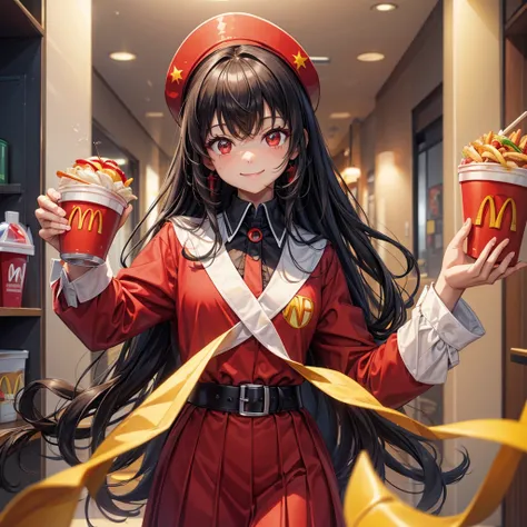 masterpiece, one hand have a hambarger,  eat a humbarger, happy:1.3 smile, 1 black long hair girl, red eyes:1.4, glossy mouth, in a red school uniform, in the mcdonalds, beautiful detailed grow.