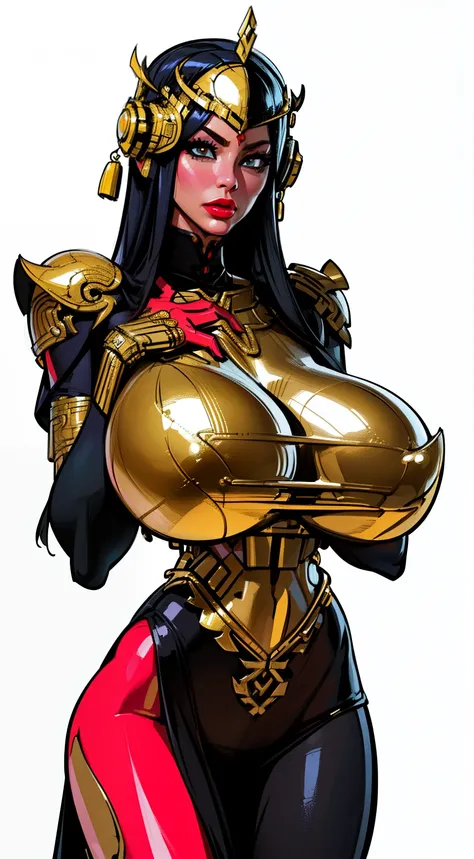 ((hovering intricate metal pieces around woman)), ((masterpiece)),(((best quality))),((character design sheet)), ((full body view)) ((cyberpunk empress)) mature face, ((middle eastern eyes:1.4)), ((gold cybernetic gown)), (((intricate futuristic breastplat...