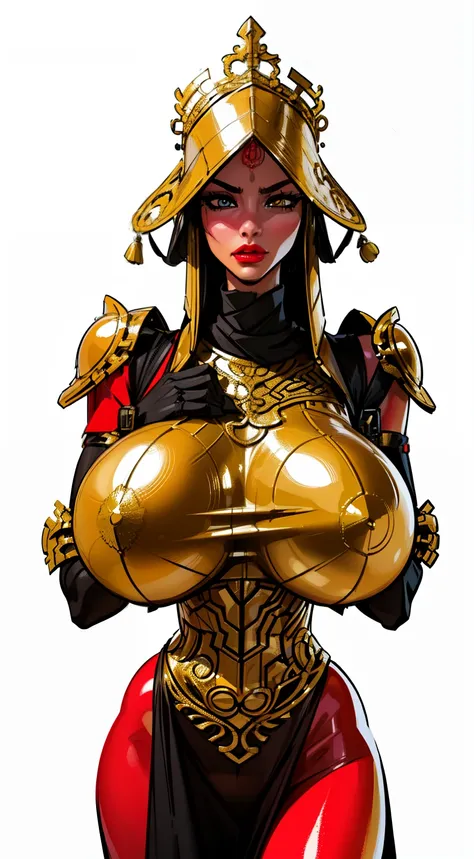 ((hovering intricate metal pieces around woman)), ((masterpiece)),(((best quality))),((character design sheet)), ((full body view)) ((cyberpunk empress)) mature face, ((middle eastern eyes:1.4)), ((gold cybernetic gown)), (((intricate futuristic breastplat...