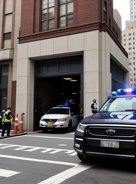 police station entrance、a police car is stopped、newyork、