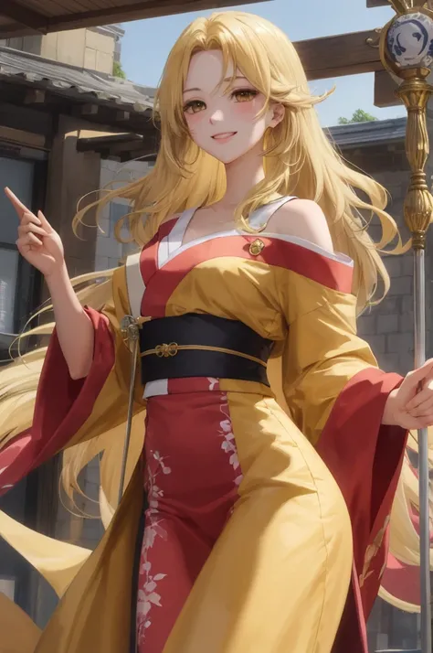 A lively and energetic teenage beauty with medium-length golden hair, droopy eyes, dressed in a shoulder-baring kimono, holding a staff as a healing class character in an anime-style, blushing with a cheerful demeanor