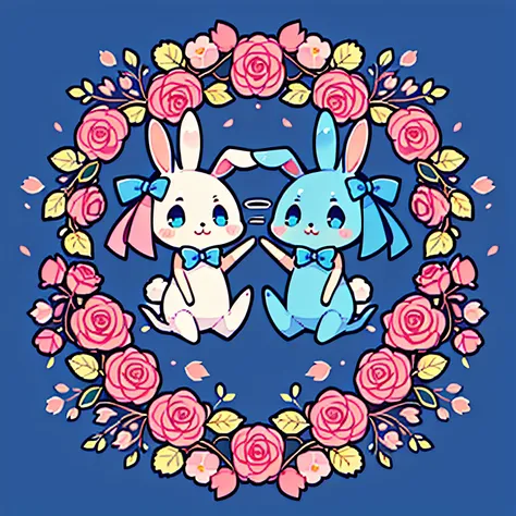 without humans,without humans,tmasterpiece,Best quality at best,(clear itinerary)，flat form style,(blue,Pink theme:1.2),rosette,petals,beatiful background,Symmetrical, patterned,blossoms,the bow,Bow knot,Cute cute little bunny