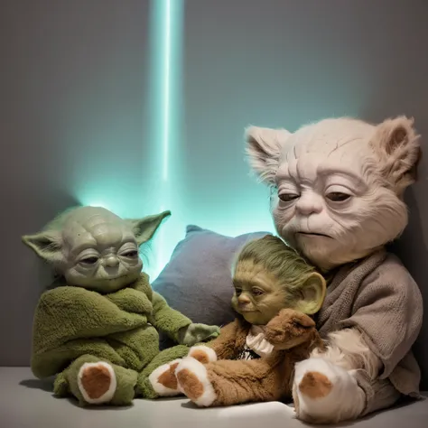 yoda holding stuffed teddy bear toy in dark room with light , V3rh03v3n