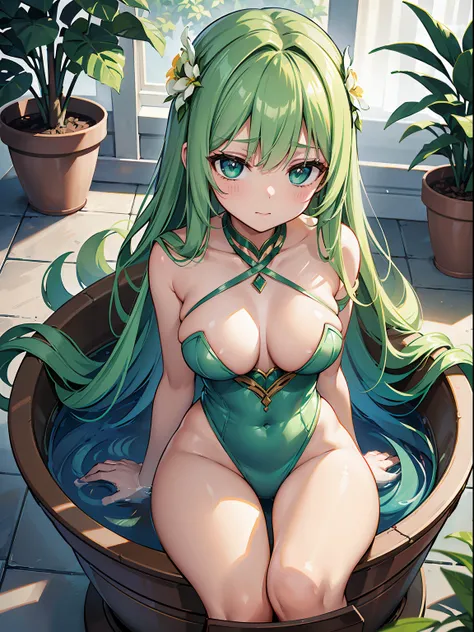 (RAW Photos, Best Quality), (animesque: 1.2), Solo, (((Plant Maiden, Arlaunu, my hair is like a flower))), (long wavy green hair), elegant look, A seductive gaze, supreme curvaceous beauty, ((plant body)), The Girl&#39;body covered with plants, (((dead bod...