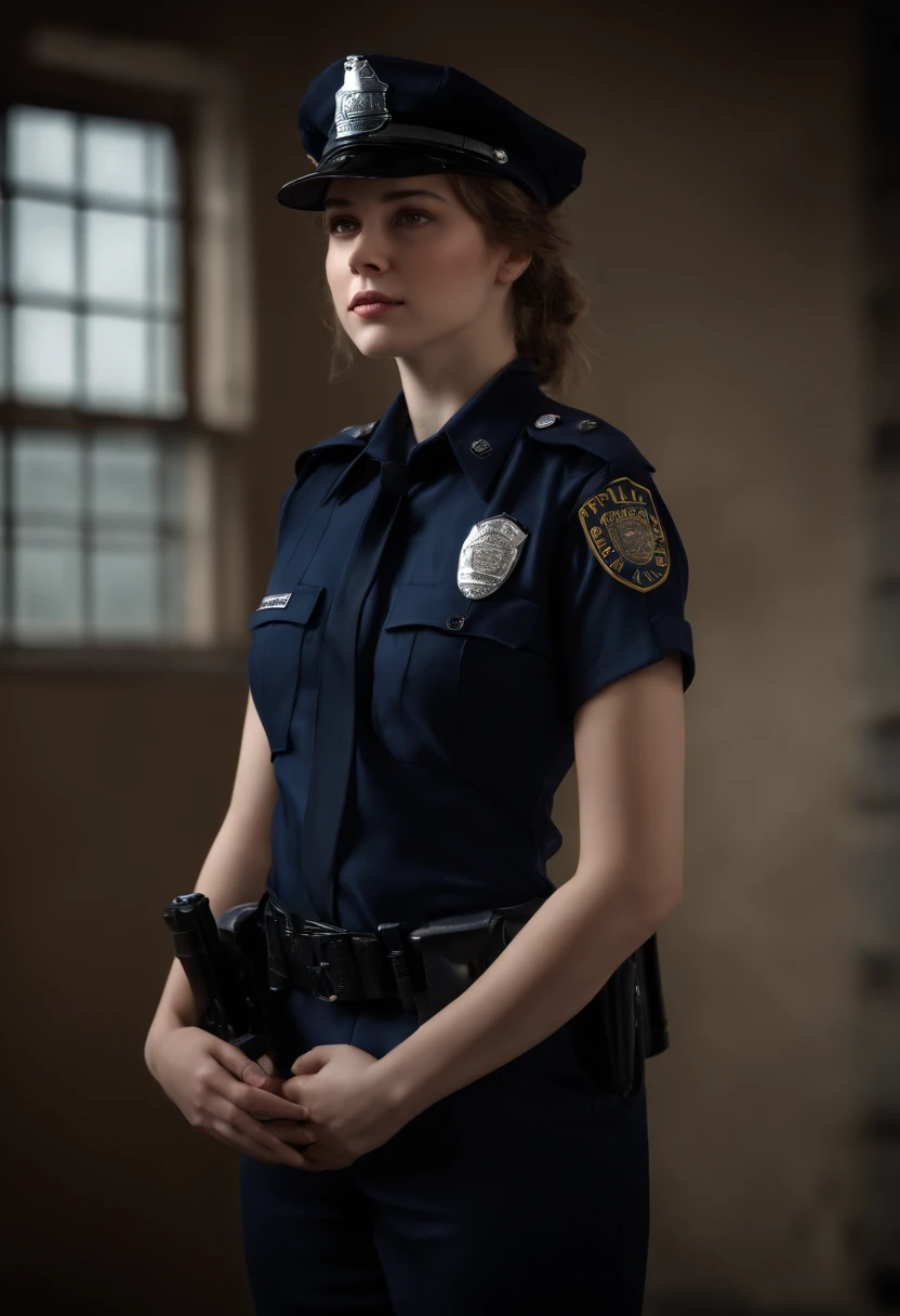 masterpiece,best quality,(realistic, photo-realistic:1.4),(extremely detailed),
1 girl,young,medium hair,very cute,detailed skin,bangs,(full body:1.1),medium breasts,between breasts,
((police_uniform:1.3)),
(prison:1.2),