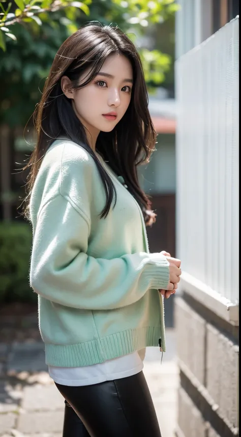 model shooting, cinematic Film still from, 28 years old Asian girl standing, full bodyesbian, (黑The eye:1.3), mid wavy hair, Green sweater, Black leather jacket, black colored leggings，Soft natural light, In the courtyard, ((tmasterpiece)),(Best quality at...