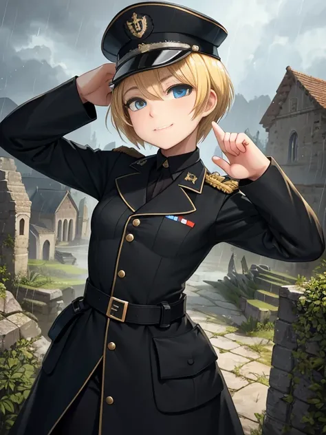 ((masterpiece)), ((best quality)), ((intricate detail)), (1girl), (solo), looking at viewer, little smile, (female focus), (blond hair, short hair, undercut), blue eyes, blank stare, (black peaked cap), german black military uniform, (black trench coat, lo...