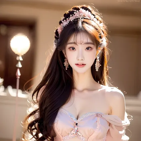 Imperial sister，sweetheart，(Long pink curly hair,Hair combed back))), Sequins，Transparent thong diamond glitter，Premium，collars，shopping mall，bblurry，vague background，blurryforeground，lamplight，facula， to contrast, Phenomenal aesthetics, Best quality, sump...