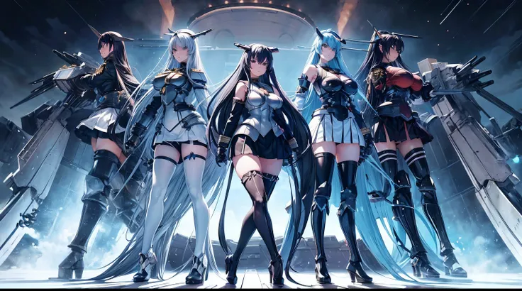 best_quality, masterpiece, (full_body:1.2), (large_breasts:1.2), very_long_hair, long_legs, black_thighhighs, perfect_anatomy, light blue_hair, microskirt, high heels, (battlecruiser:1.6), standing