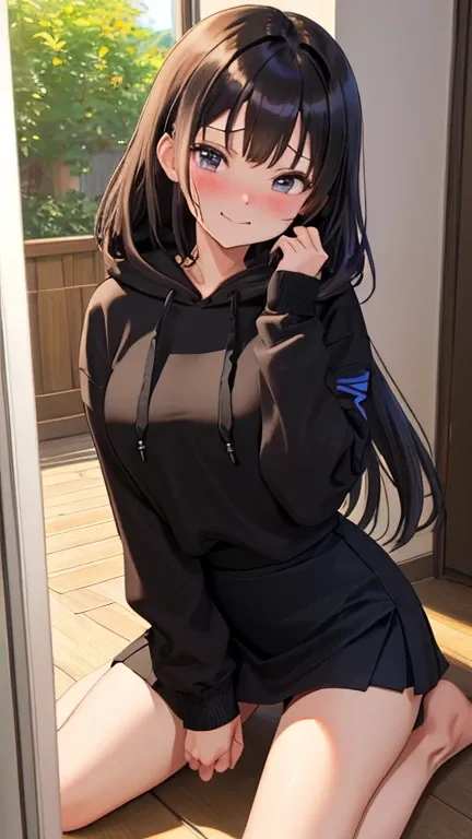 (masutepiece, Best Quality:1.2), (Looking at Viewer), (Wavy Hair:0.8),
1girl in, (Upper body:0.85), (Black theme:1.2), {Indoors|Outdoors}, Dark eyes, Dark hair, 
{Medium Hair}, Larger hoodie, (tight miniskirt:1.2),
({Happy face|peaceful face|Shy face|Curio...