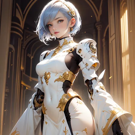 (Best quality, masterpiece, ultra-detail, extremely ultra detailed 8k CG), A woman with a short pixie cut hairstyle, colored in white and featuring a futuristic vibe, elegantly dressed with vibrant touches of golden accents. She stands against a colorful a...